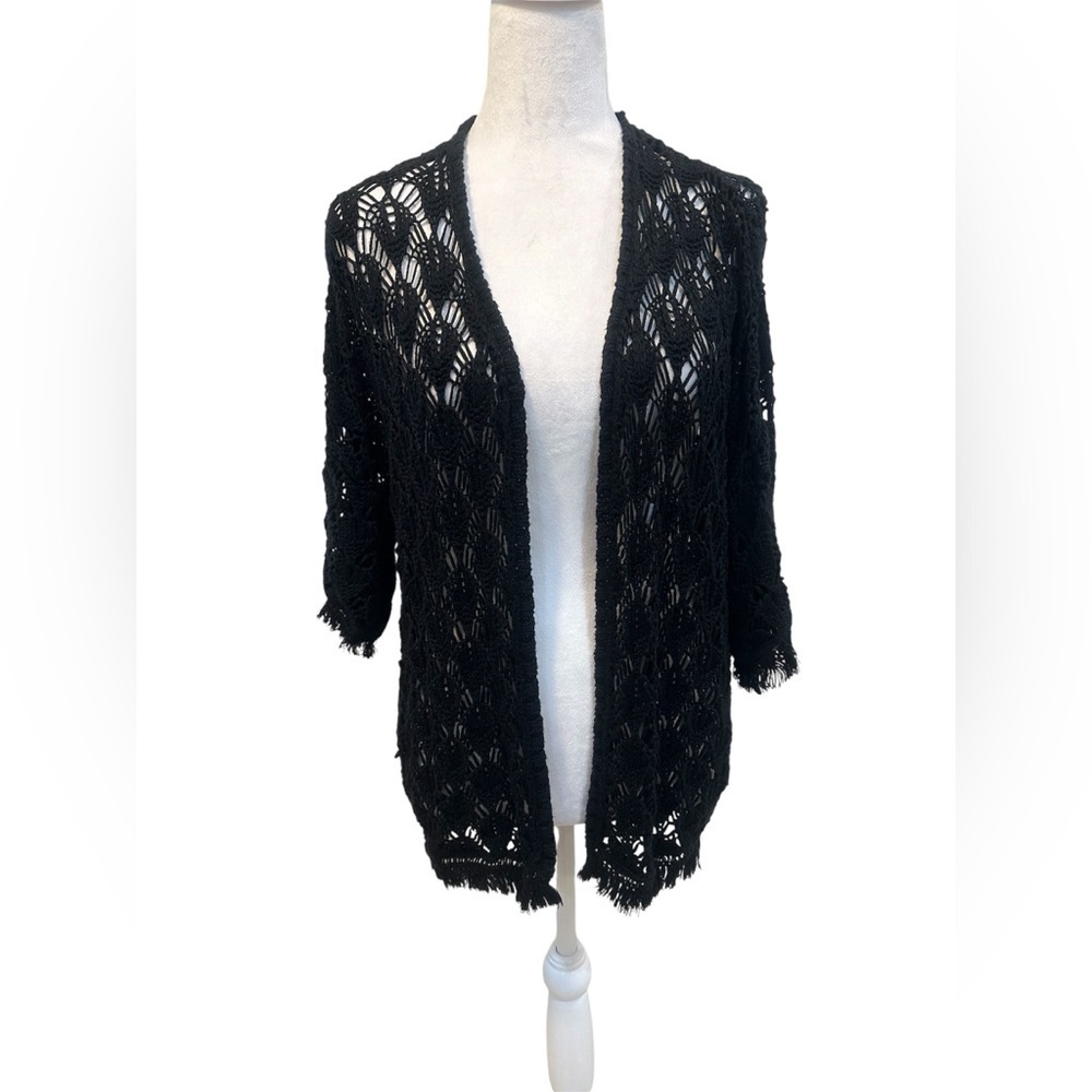 Sfera Black Open-Knit Crochet Boho Edgy  Short Sleeve Peasant Cardigan Size L/XL - Picture 3 of 9